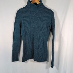 LL Bean Sweater Womens Small Green Fisherman Cable Knit Turtleneck Merino Wool